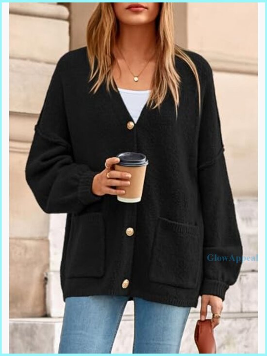 Oversized Chunky Cardigan with Lantern Sleeves and Pockets - Picture 3 of 7